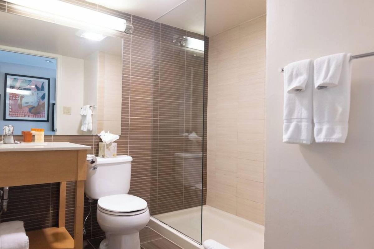 separate bathtub and shower, free toiletries, hair dryer, towels