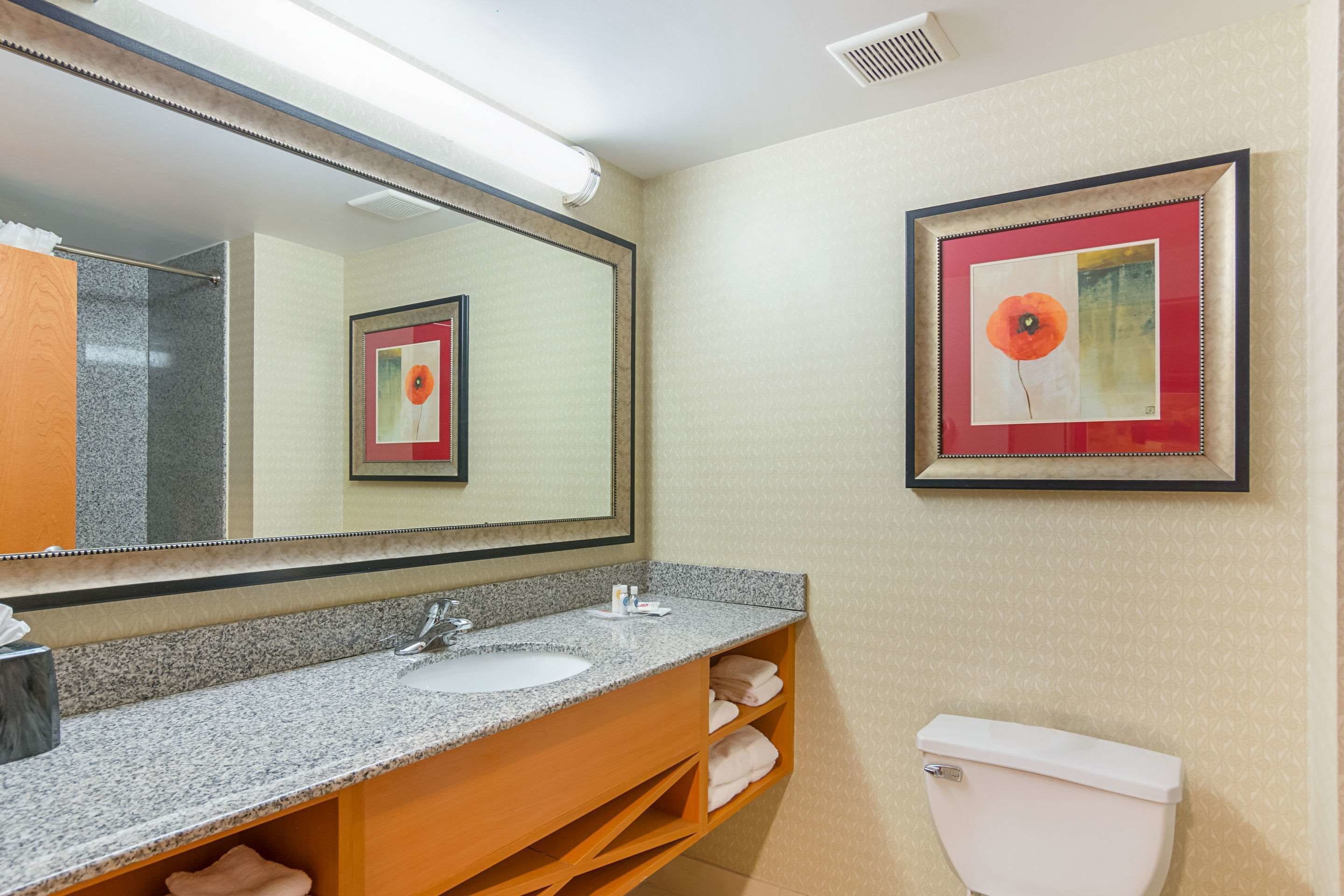 A bathroom with a granite countertop sink, a wooden vanity, a white toilet, and a framed artwork on the wall.