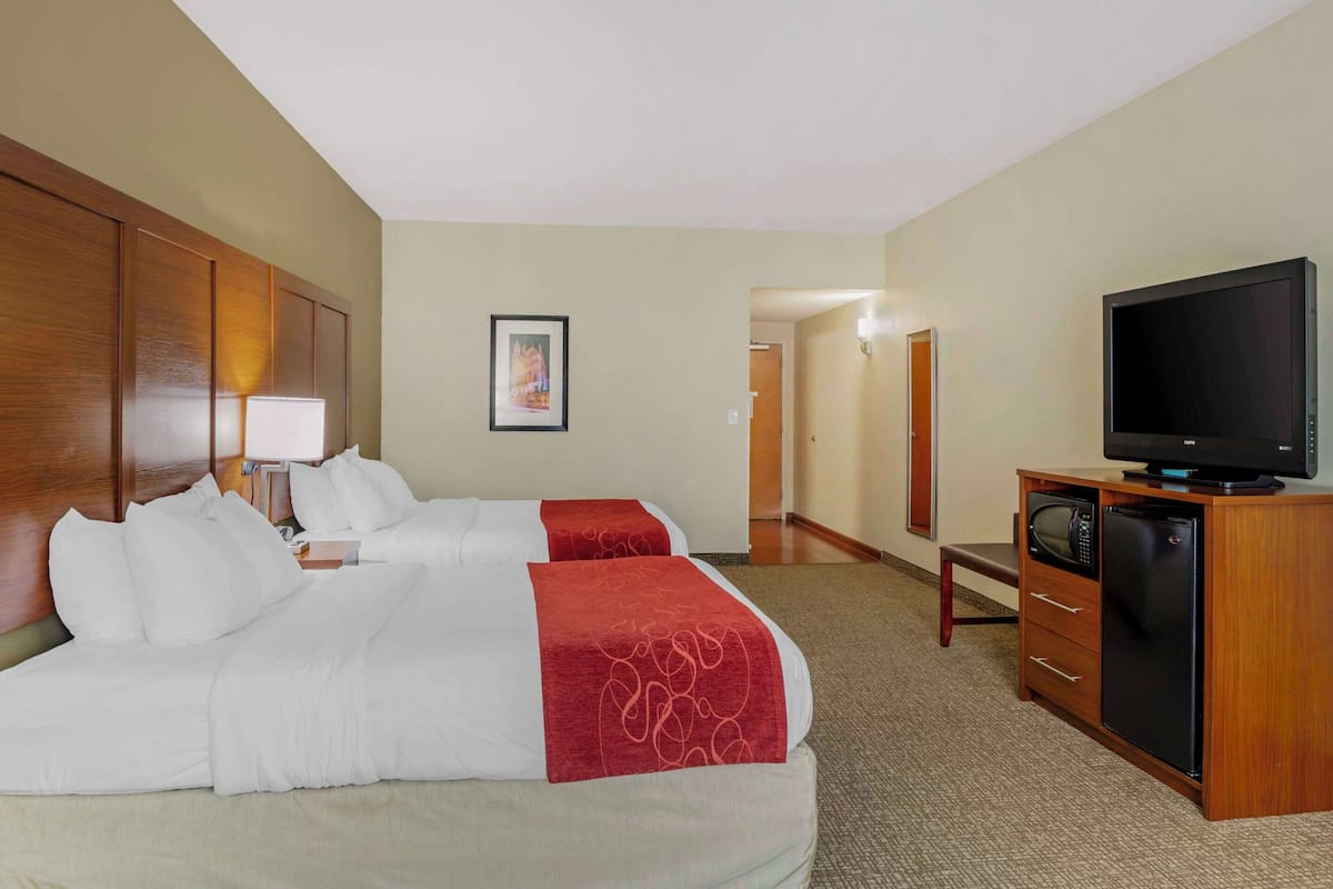 A hotel room with two beds, a television, a microwave, and a refrigerator.