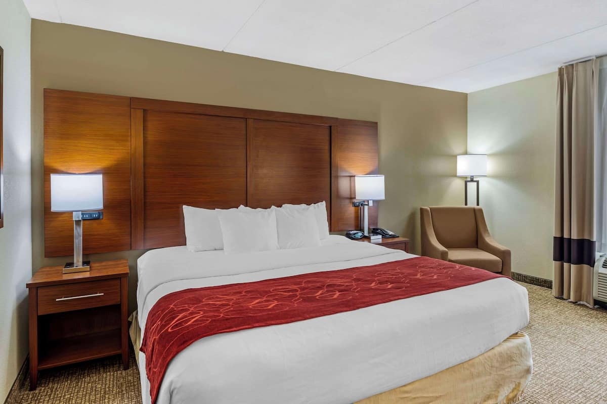 A hotel room with a large bed, two bedside tables, a chair, and a lamp.