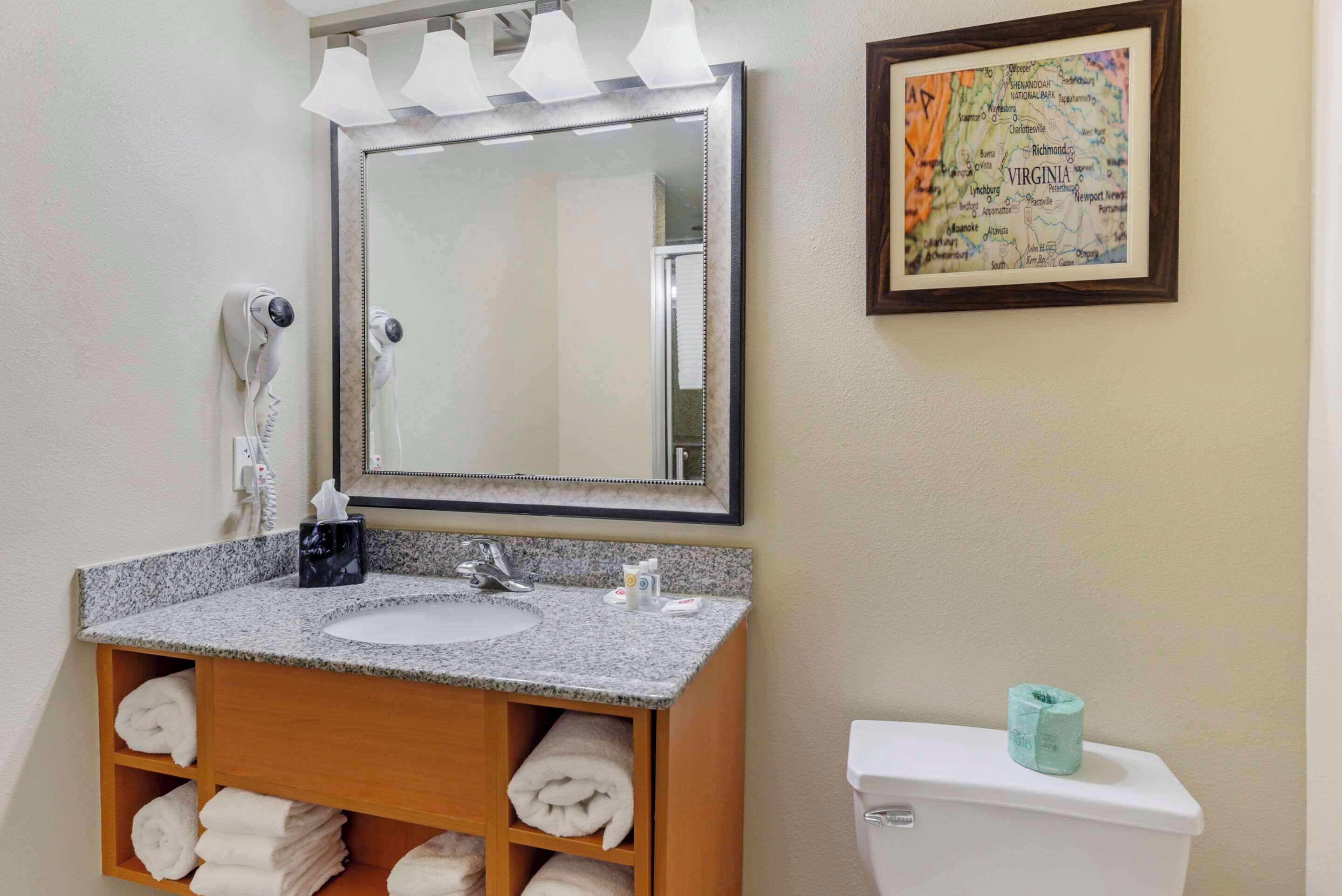 A bathroom with a granite sink, a mirror, a toilet, and a framed map of Virginia on the wall.