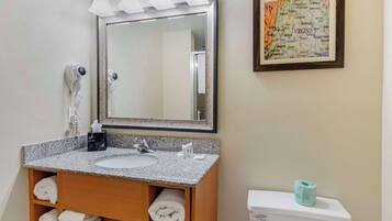 A bathroom with a granite sink, a mirror, a toilet, and a framed map of Virginia on the wall.