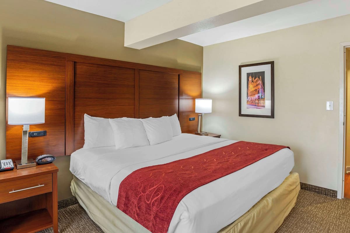 A hotel room with a large bed, wooden headboard, two bedside tables with lamps, a framed picture on the wall, and a door to the right.