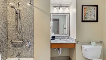 Une salle de bain avec une douche en granit, un lavabo avec un miroir et des toilettes.