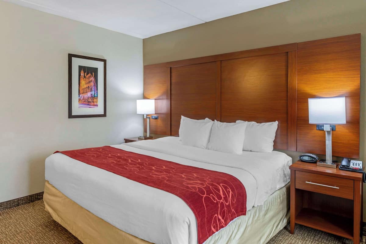 A hotel room with a large bed, wooden headboard, two bedside lamps, a framed picture on the wall, and a small bedside table with a phone.