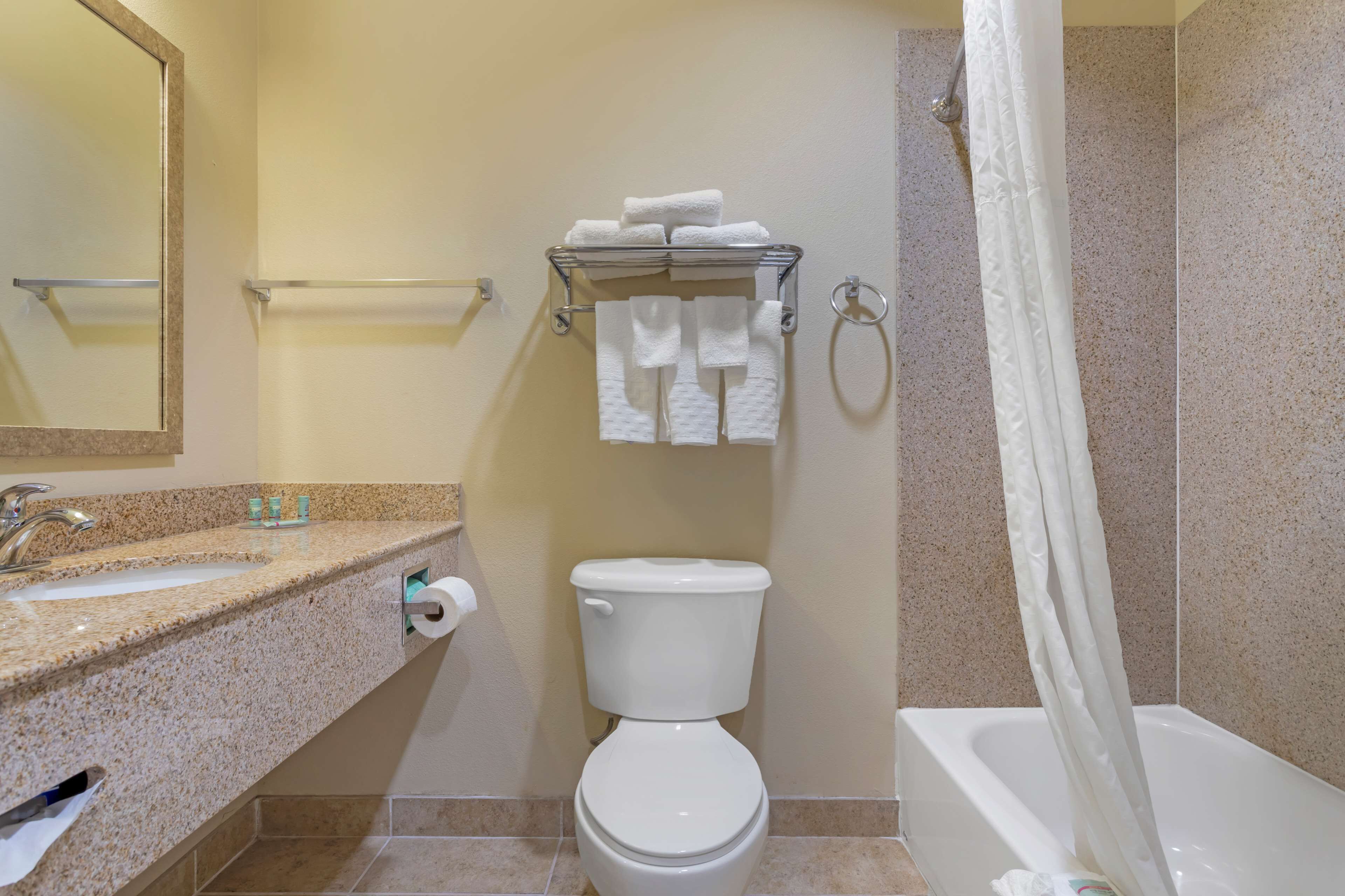 standard room, 1 king bed, non smoking, refrigerator & microwave | bathroom | combined shower/bathtub, hair dryer, towels