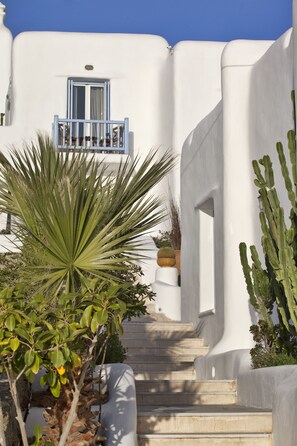 A white building with a blue balcony, a staircase, and cacti.
