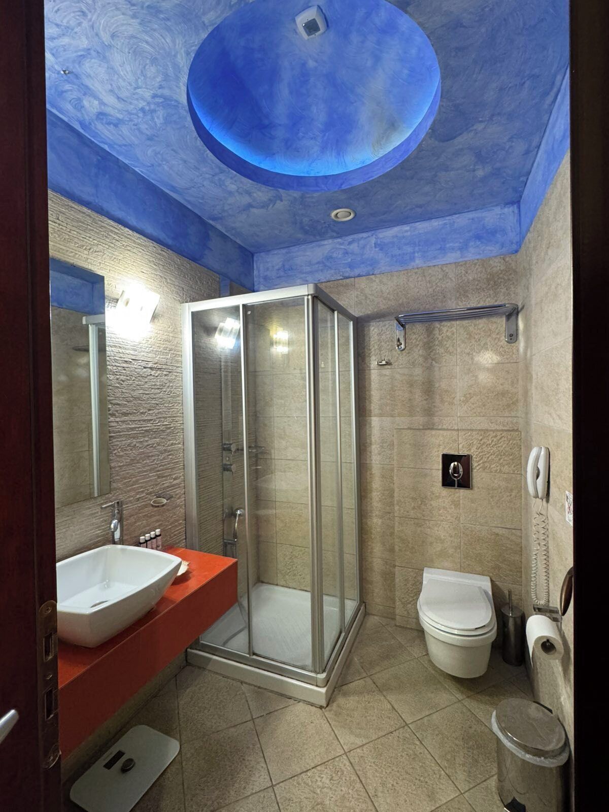 notos suite with jetted shower & medieval town view | bathroom | designer toiletries, hair dryer, bathrobes, slippers