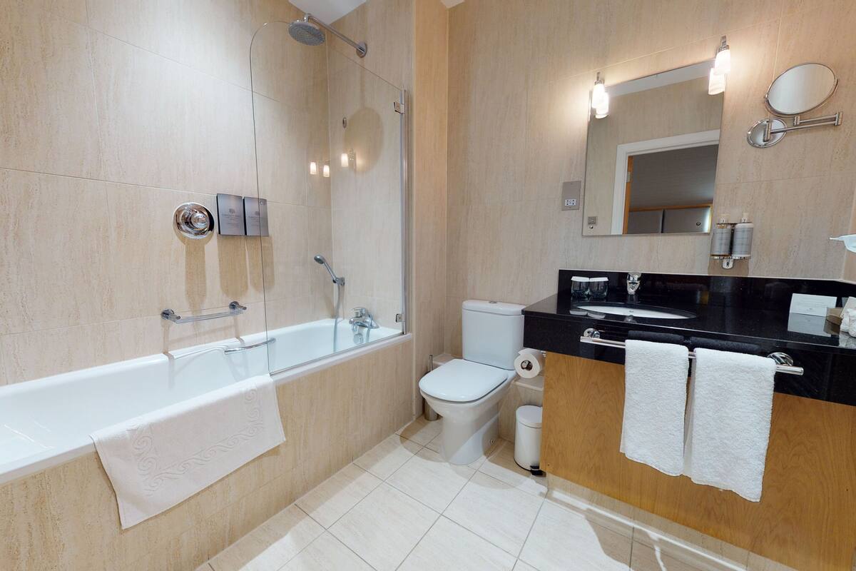 deluxe room, 1 king bed | bathroom | combined shower/bathtub, deep-soaking bathtub, designer toiletries