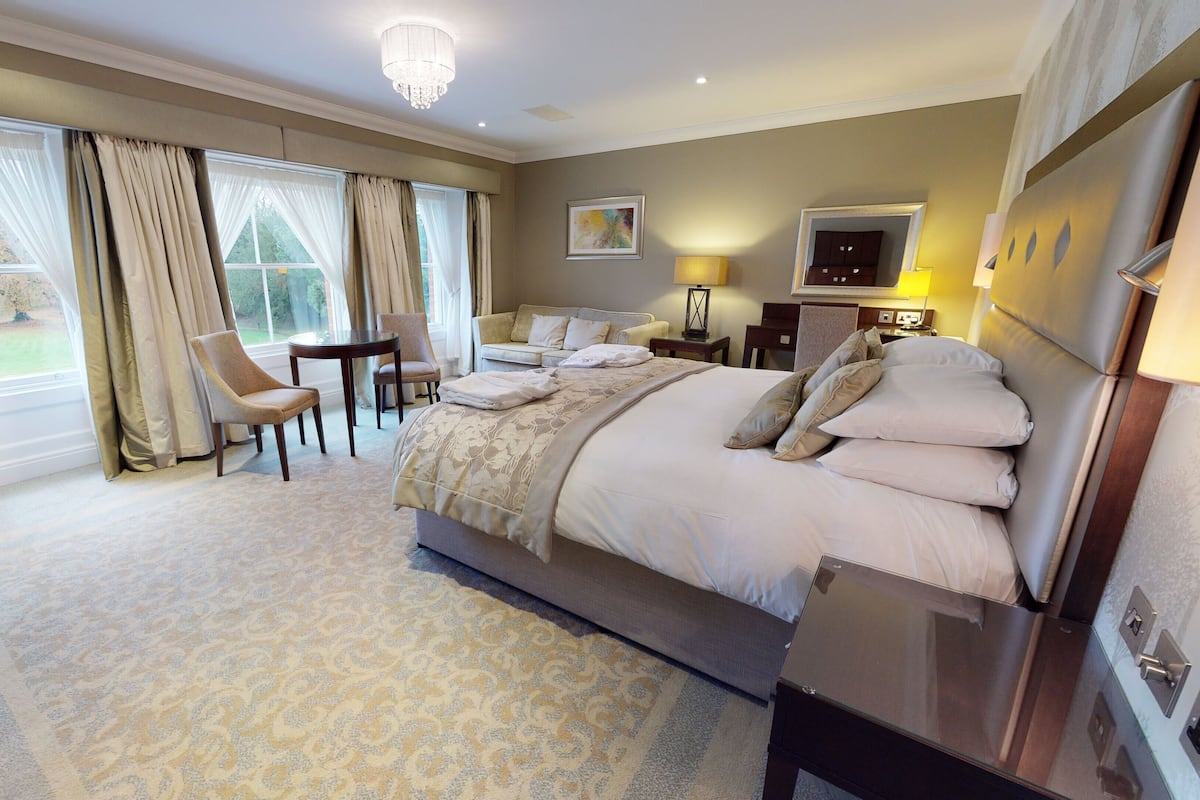 A hotel room with a large bed, a desk, a chair, and a view of the outdoors.