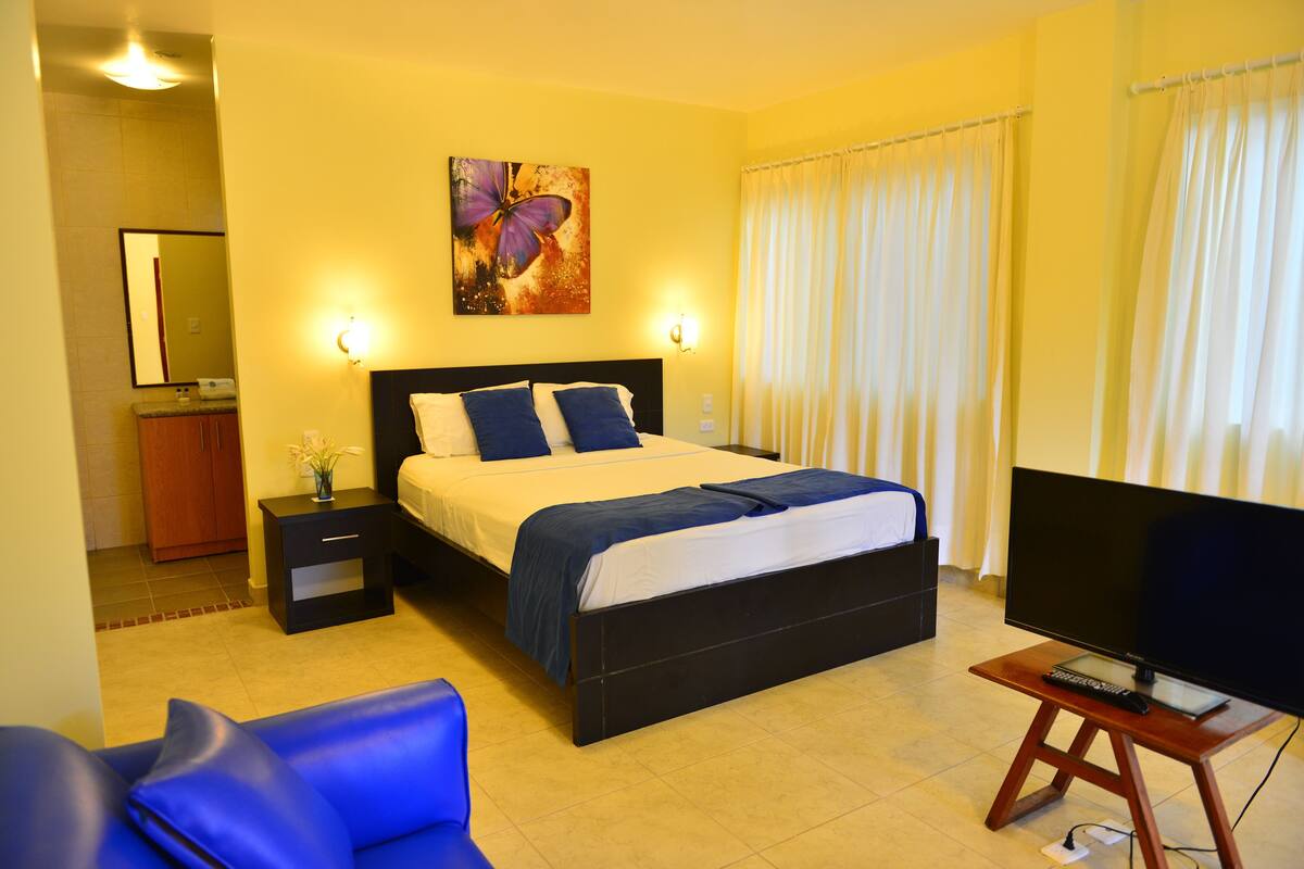 A hotel room with a bed, a TV on a stand, a desk, and a chair.