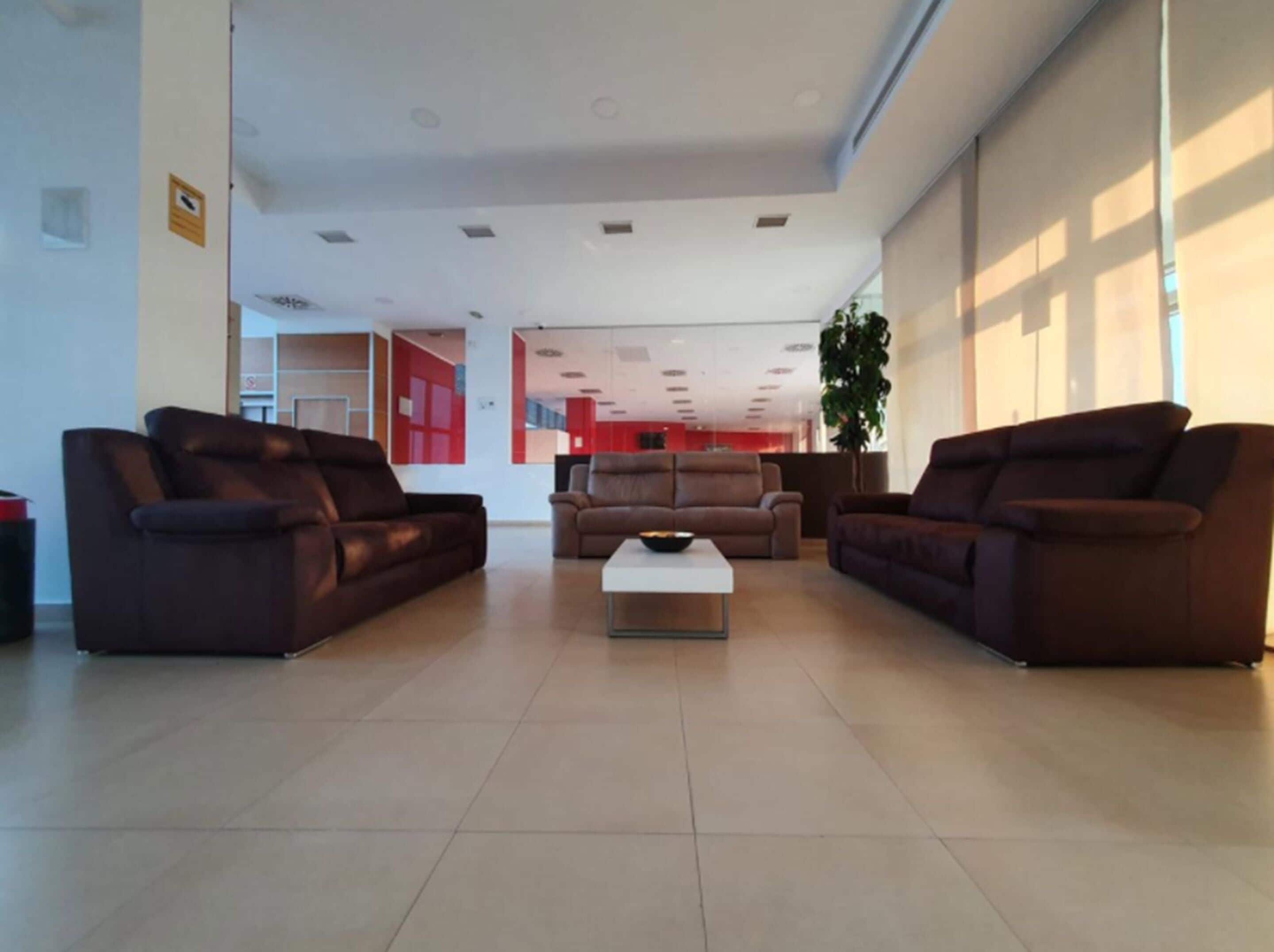 Amplia sala de estar con dos sofás marrones y una mesa de centro, ventanas grandes que dejan entrar luz natural, y una cocina visible al fondo.