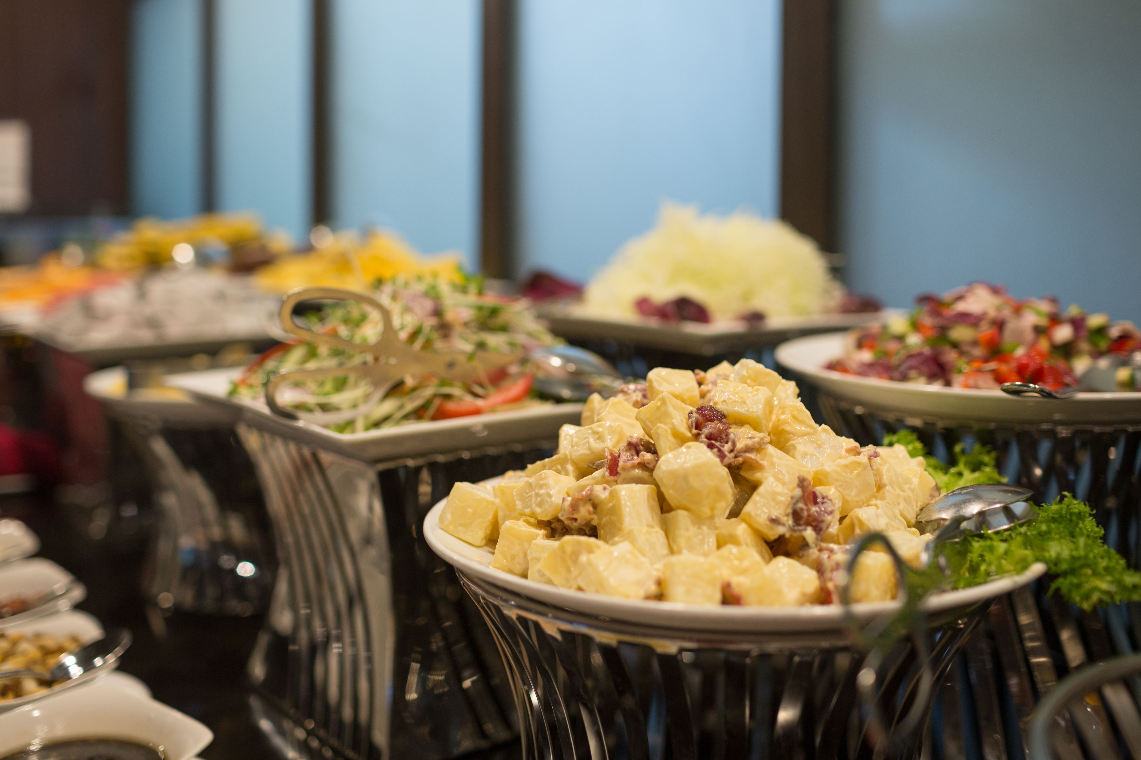 A buffet with various dishes including potato salad, coleslaw, and other salads.