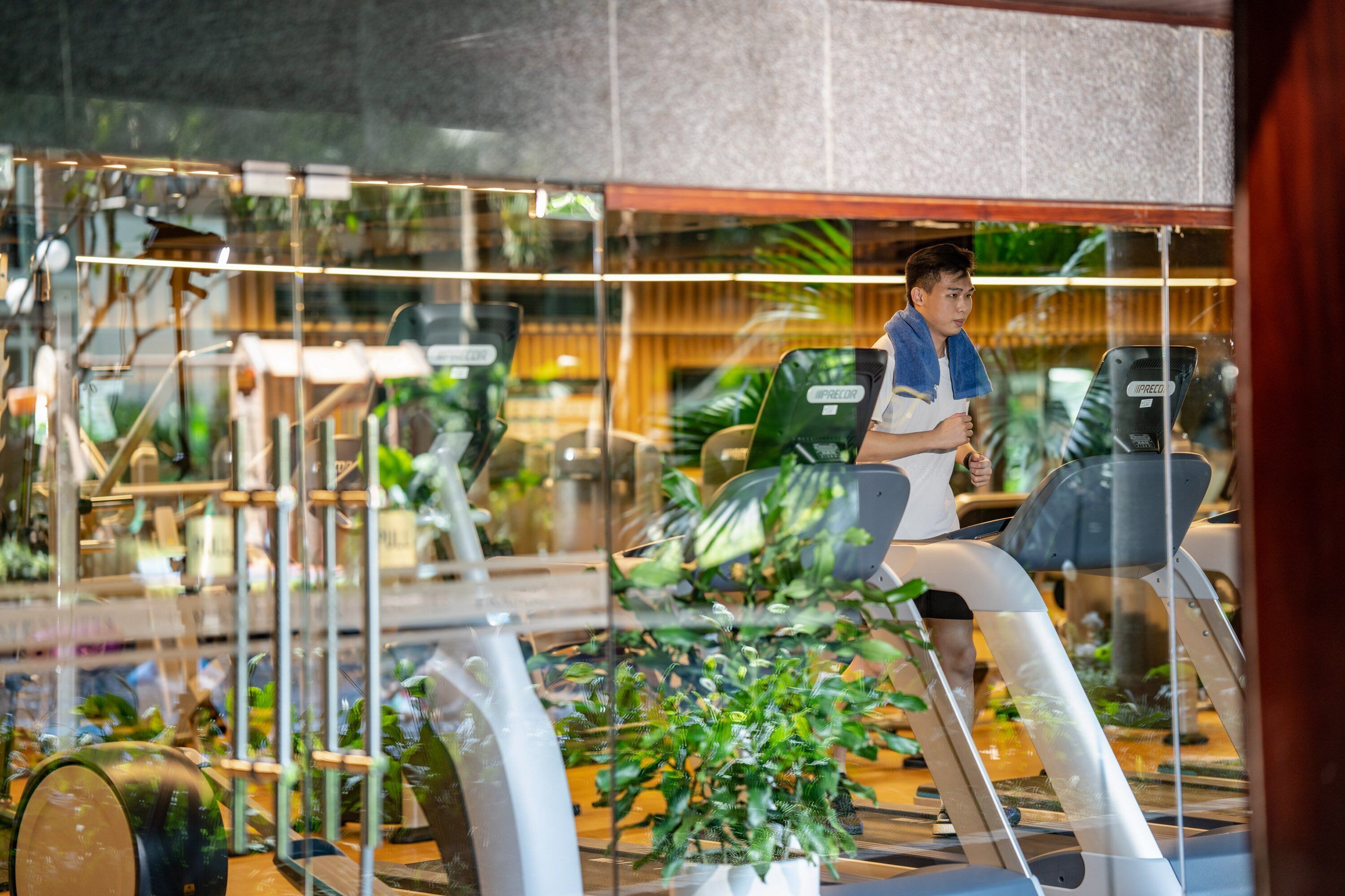 A person using a treadmill in a gym with glass walls, indoor plants, and exercise equipment.