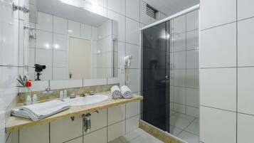 Shower, free toiletries, hair dryer, towels