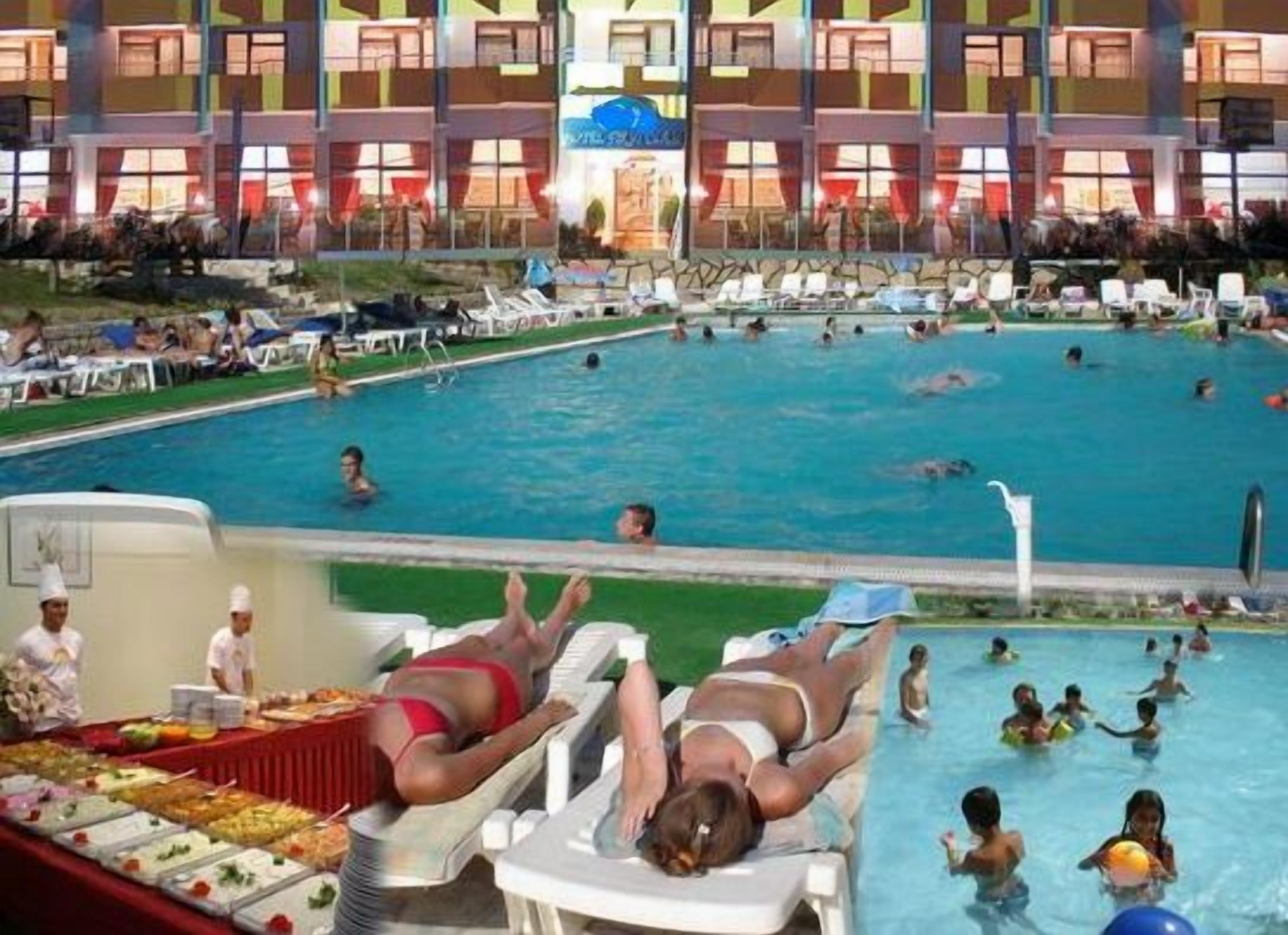 Outdoor pool, pool umbrellas, pool loungers