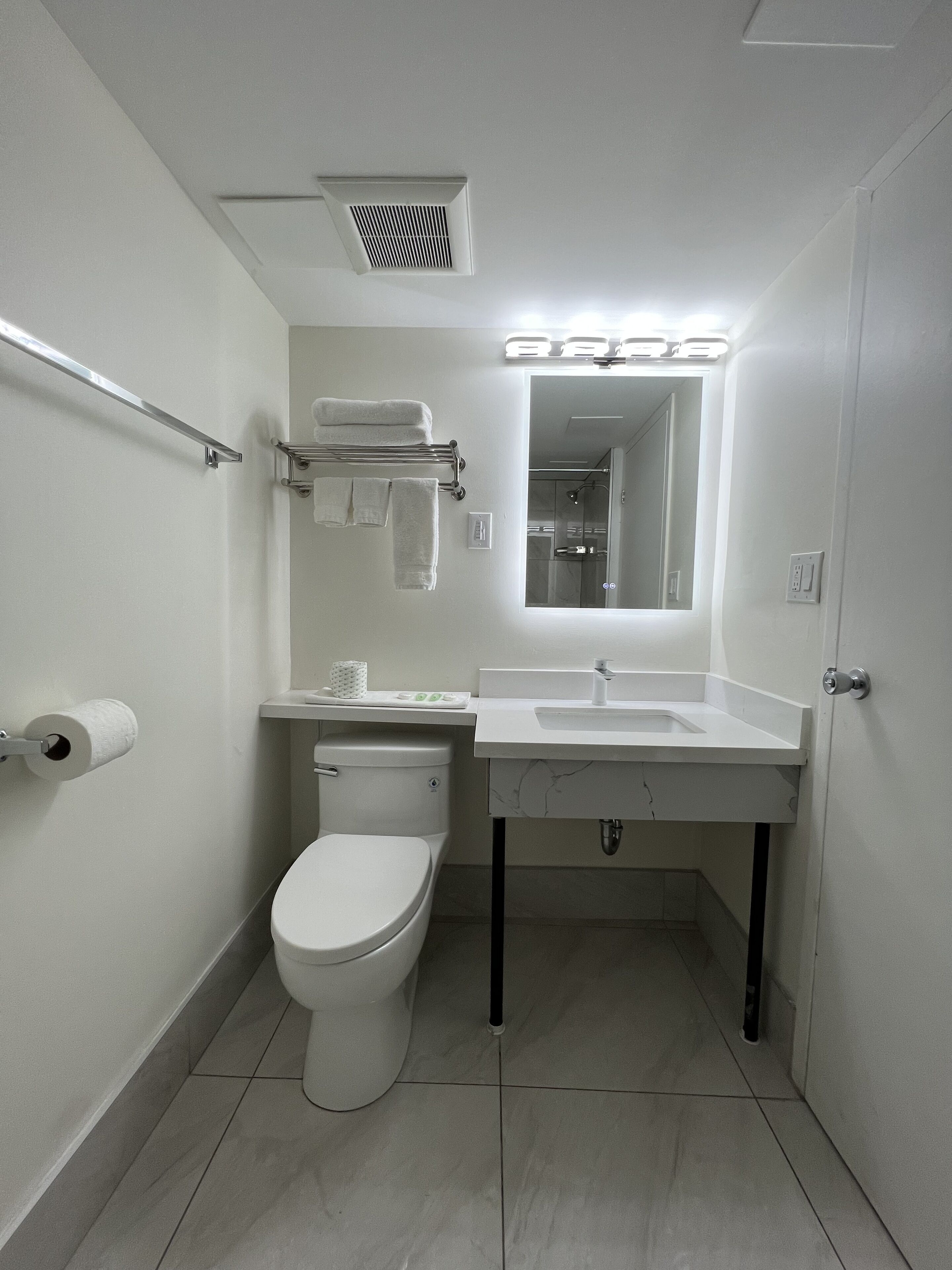 A modern bathroom with a toilet, sink, and mirror.