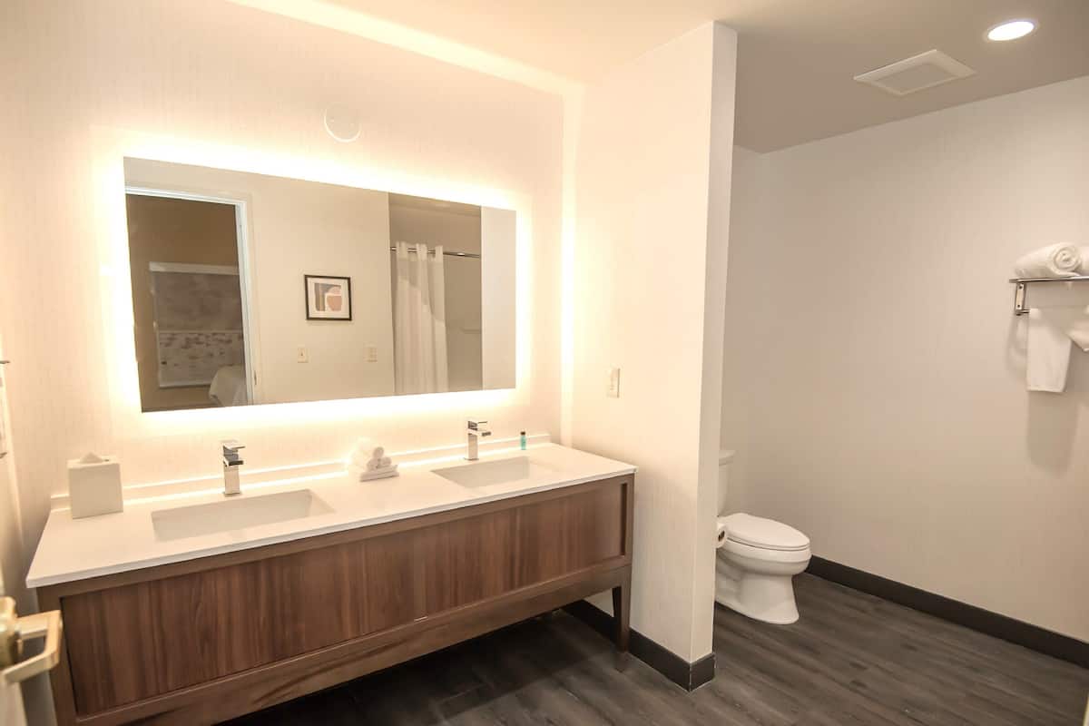 Suite, 1 King Bed | Bathroom | Hair dryer, towels