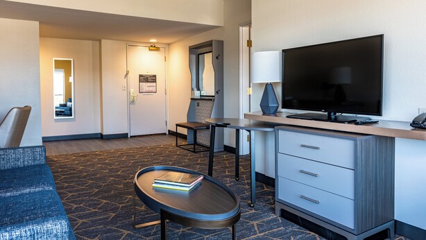 Une chambre d’hôtel avec un canapé, une petite table avec des livres, une télévision, un bureau avec une lampe et un placard.