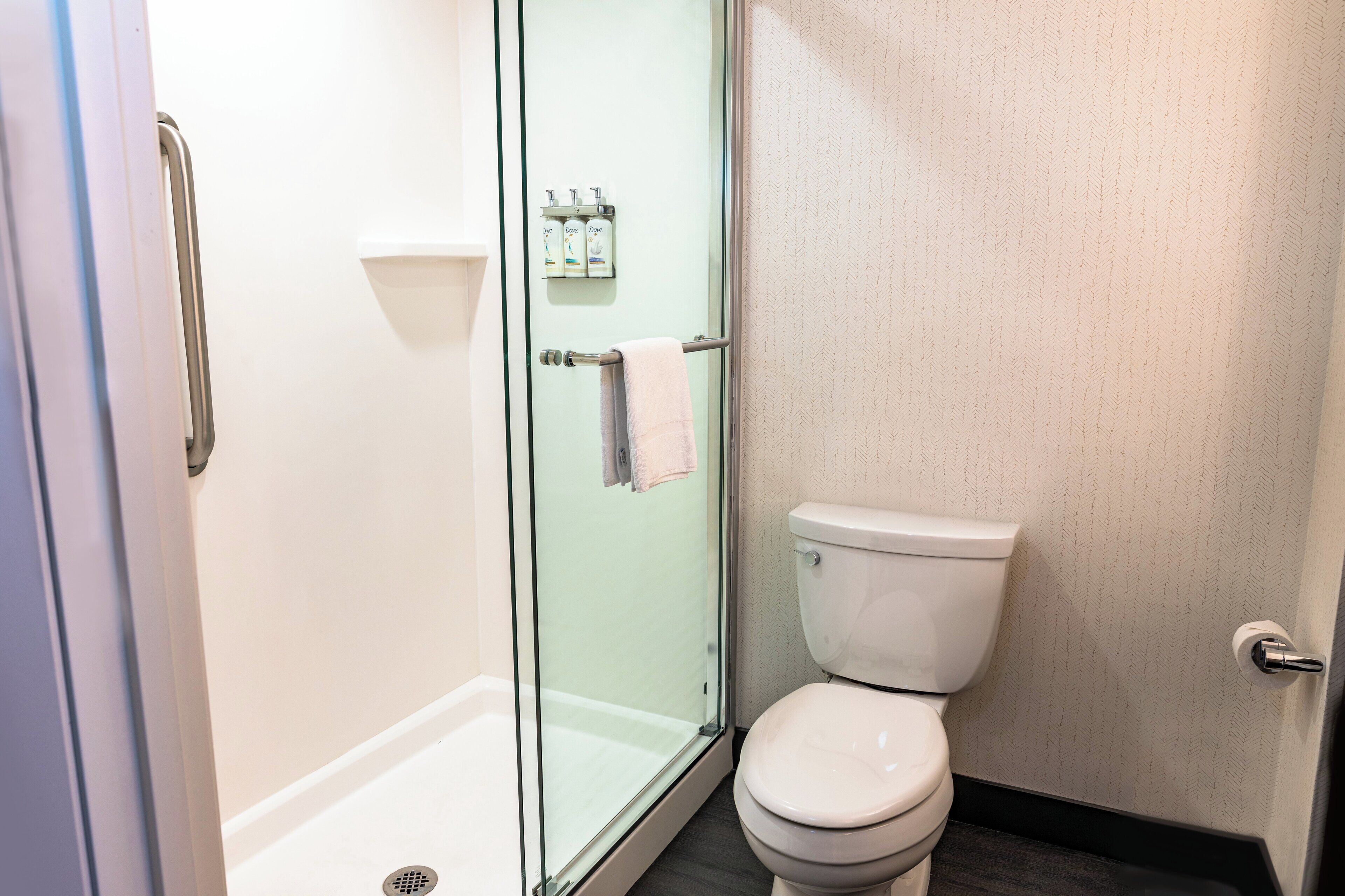 A bathroom with a glass shower enclosure, a toilet, and a towel rack.