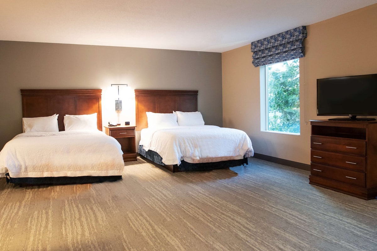 A hotel room with two beds, a nightstand with a lamp, a dresser, and a TV.