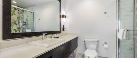 Une salle de bain moderne avec un grand miroir, un lavabo, des toilettes et une douche à parois de verre.