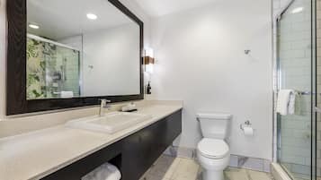 Une salle de bain moderne avec un grand miroir, un lavabo, des toilettes et une douche à parois de verre.
