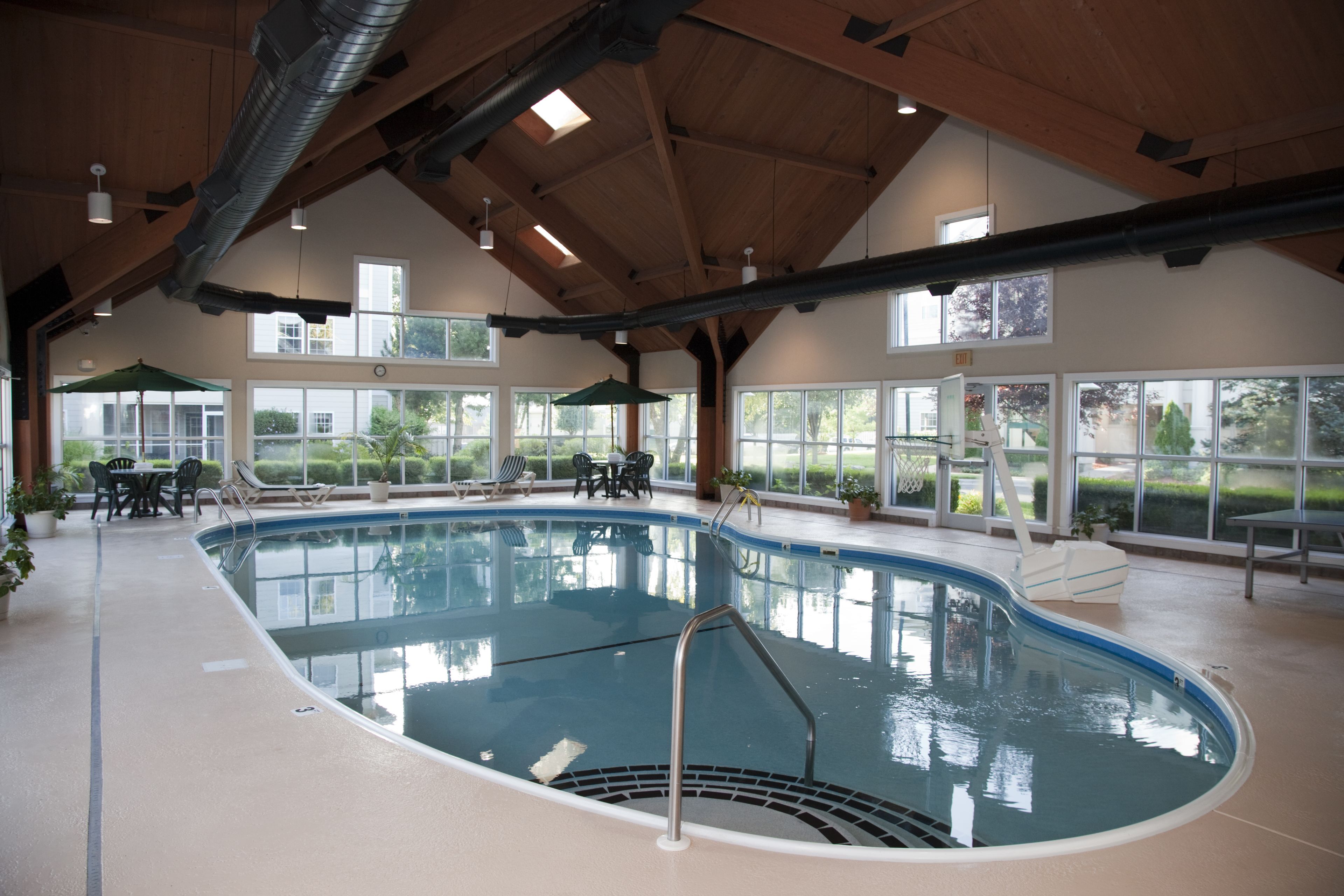An indoor swimming pool with a curved design, surrounded by windows offering views of greenery.