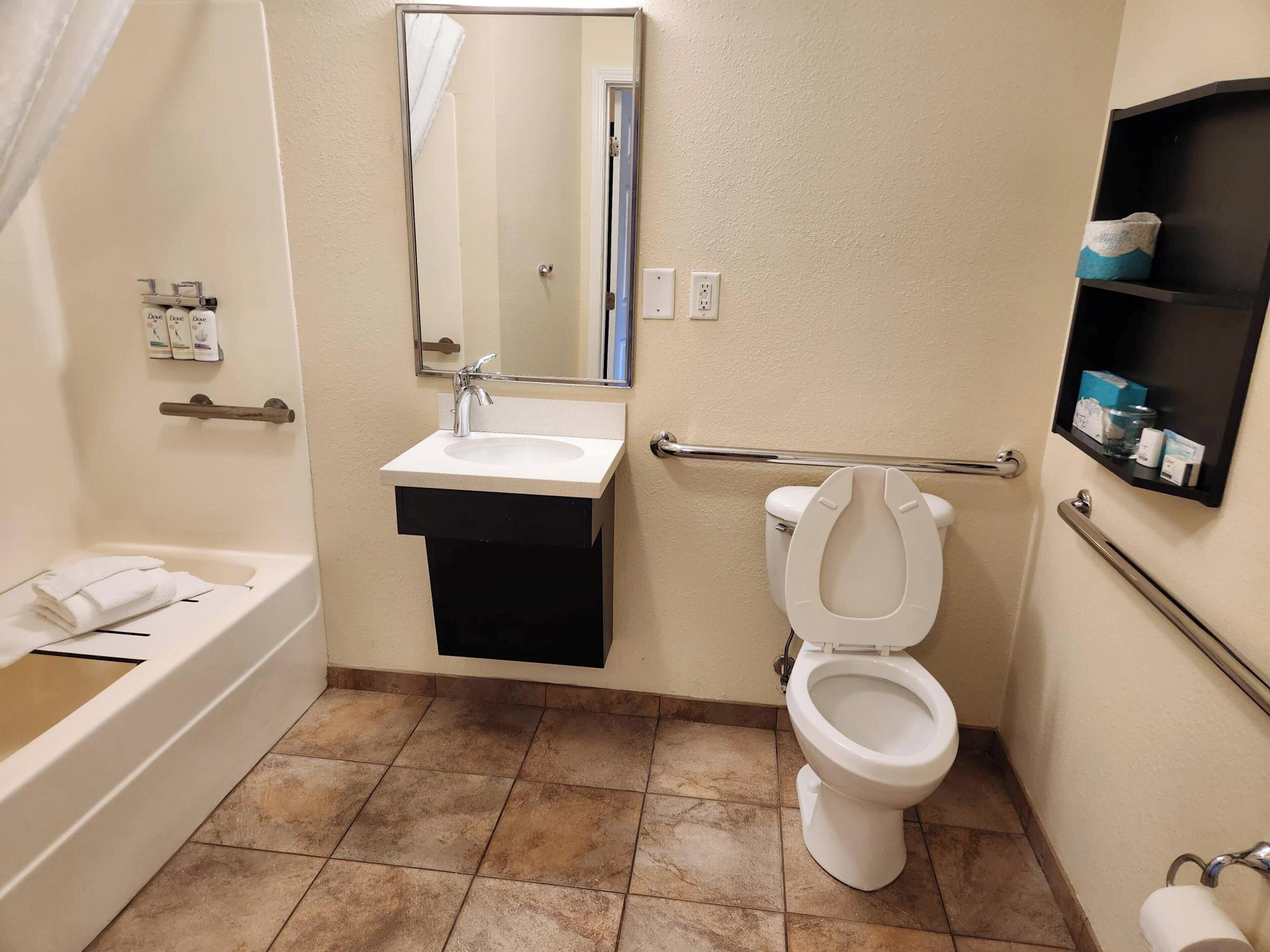 Une salle de bain avec une baignoire, un lavabo, des toilettes et un miroir.