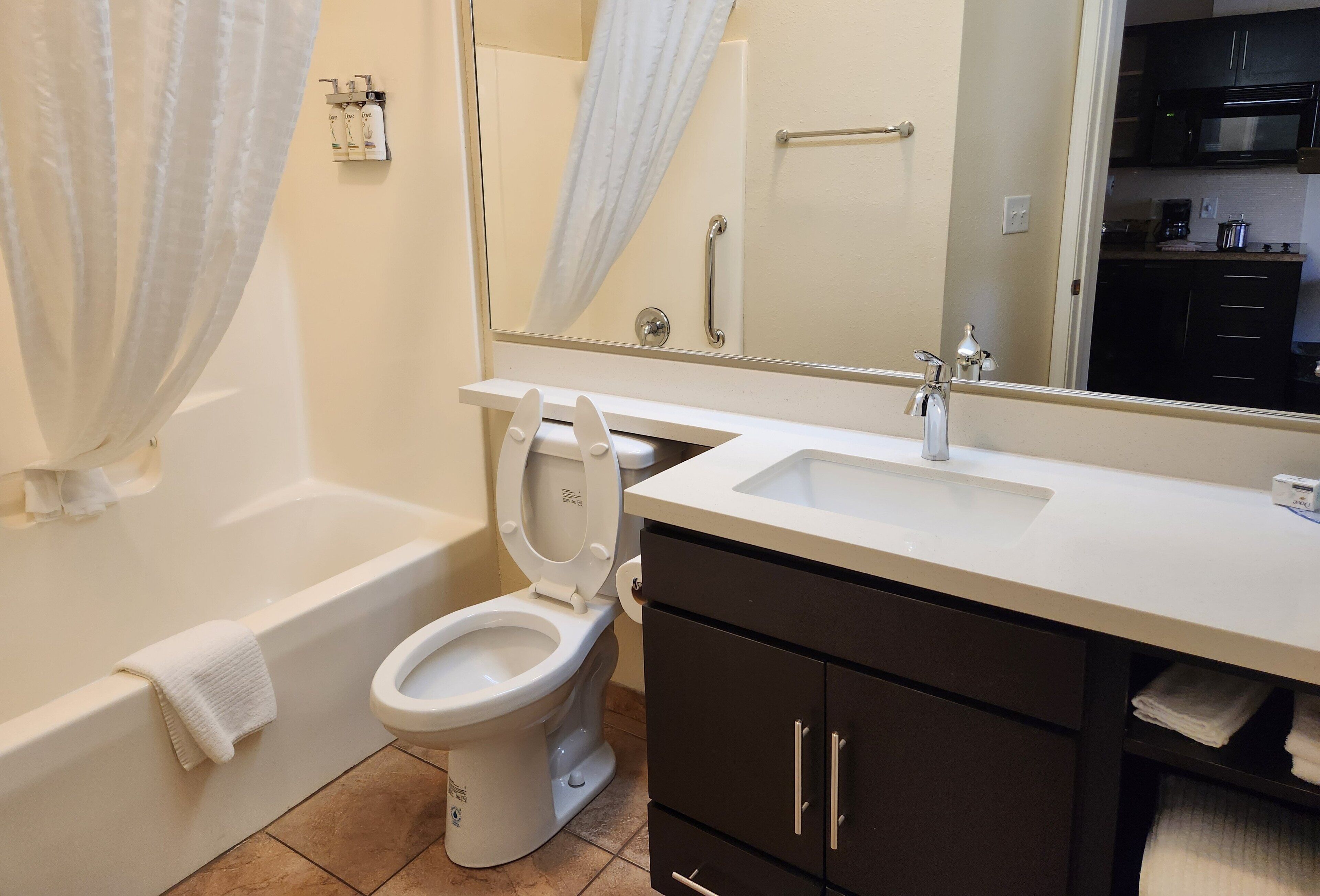 combined shower/bathtub, free toiletries, hair dryer, towels