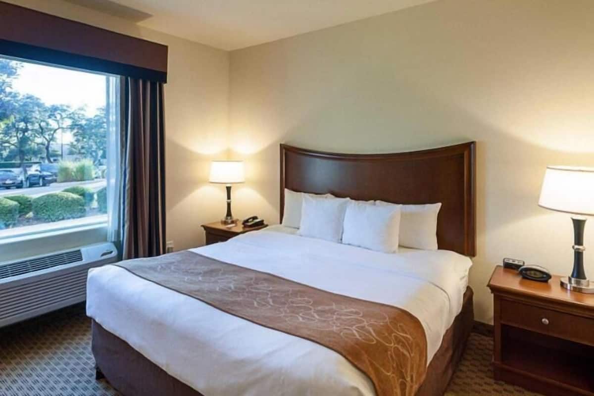 Ein Hotelzimmer mit einem großen Bett, einem Nachttisch mit Lampe, einem Heizkörper und einem Fenster mit Blick nach draußen.