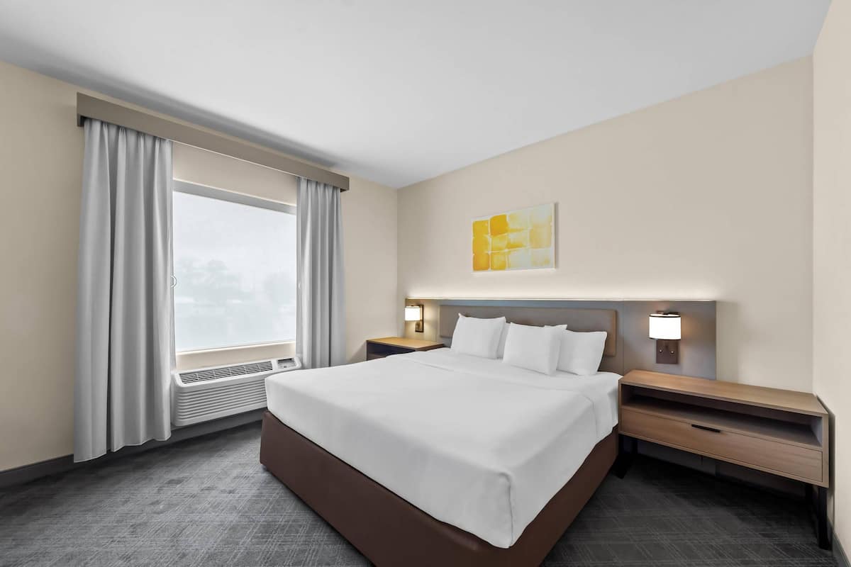 Ein Hotelzimmer mit einem großen Bett, zwei Nachttischen, einem Vorhangfenster, einer Wandleuchte und einem kleinen Kunstwerk.