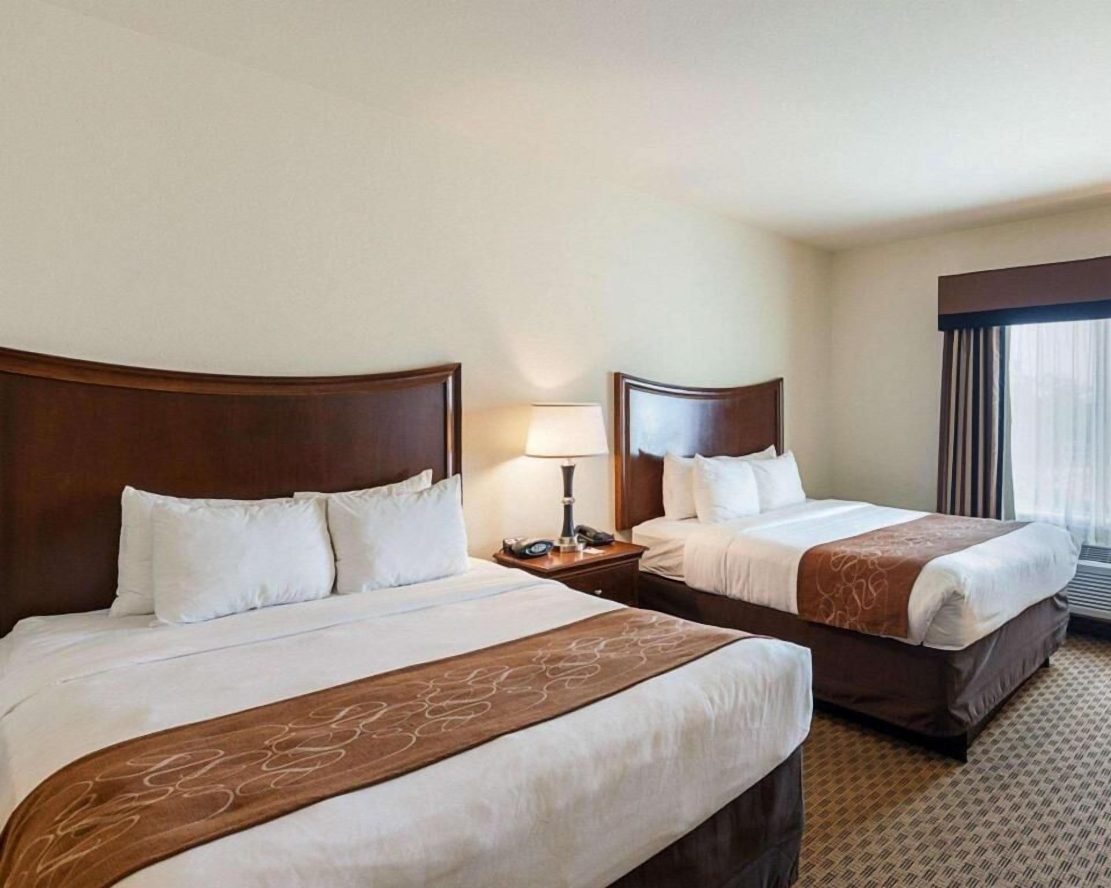 Premium bedding, pillow-top beds, desk, laptop workspace