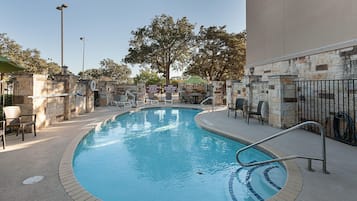 Seasonal outdoor pool, pool umbrellas, pool loungers