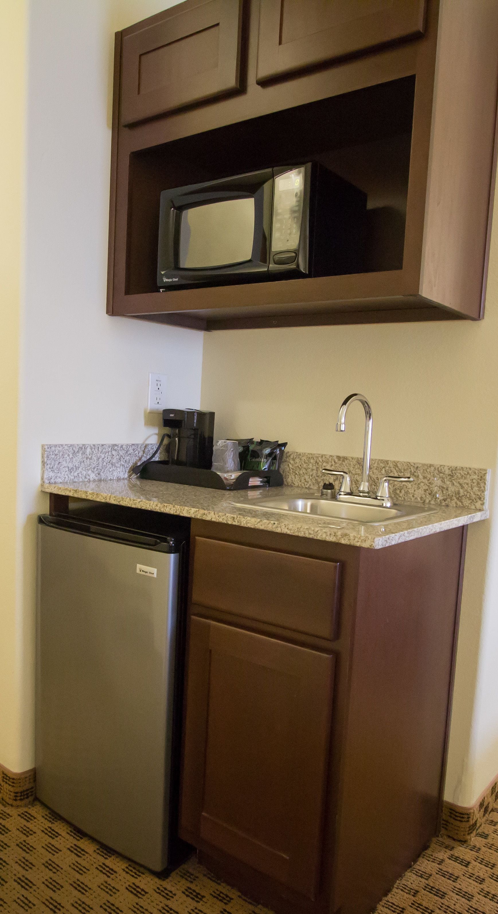 mini-fridge, microwave, coffee/tea maker