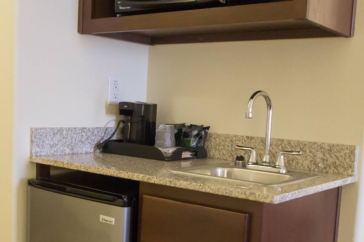 mini-fridge, microwave, coffee/tea maker