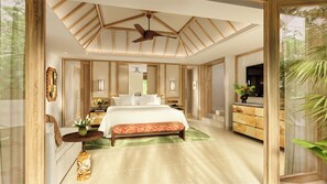 A spacious bedroom with a large bed, a ceiling fan, a wooden dresser, and a view of greenery through a glass door.