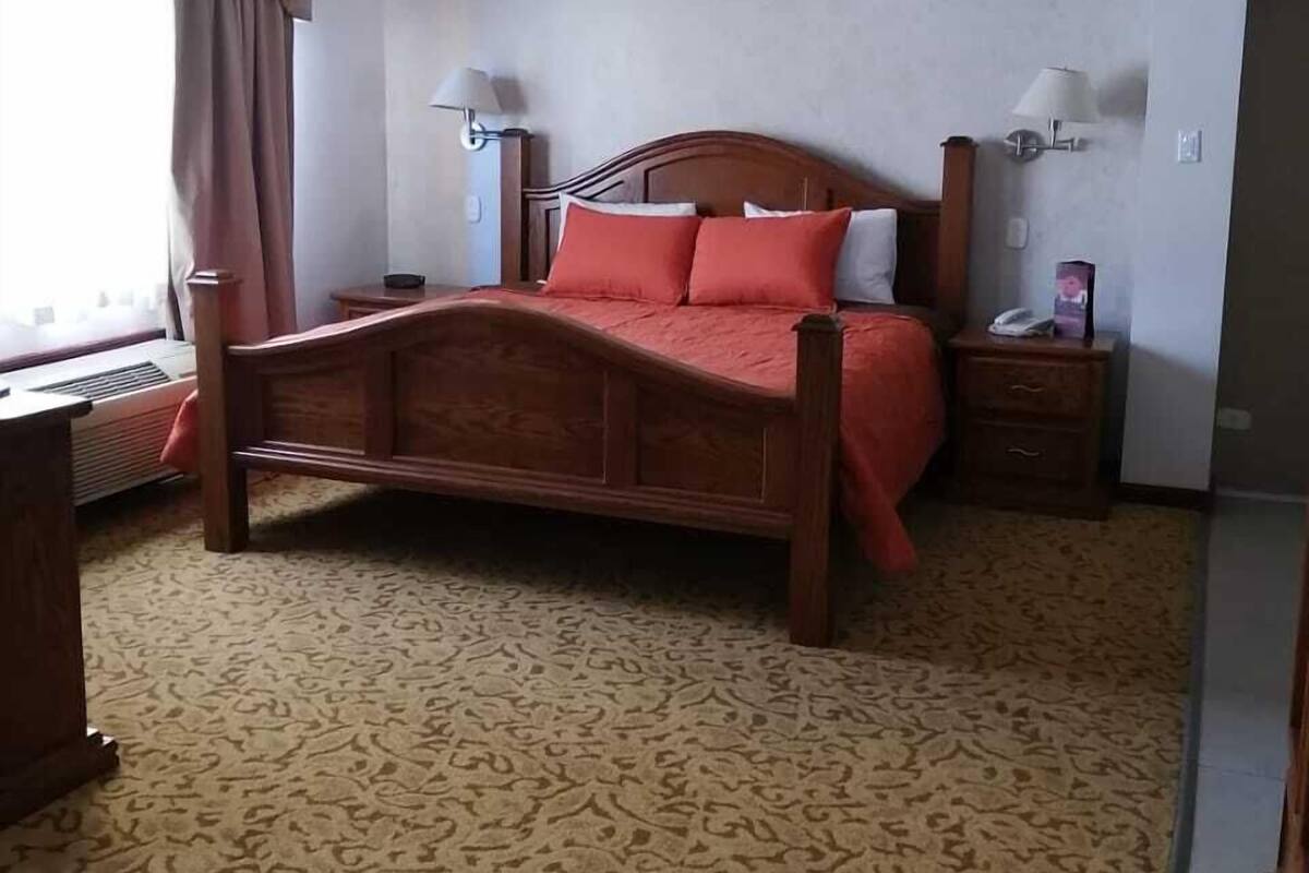 Quarto de hotel com cama de madeira, carpete estampado e uma grande janela com cortinas.