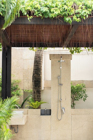 A bathroom with a shower, sink, and a small planter with green plants.