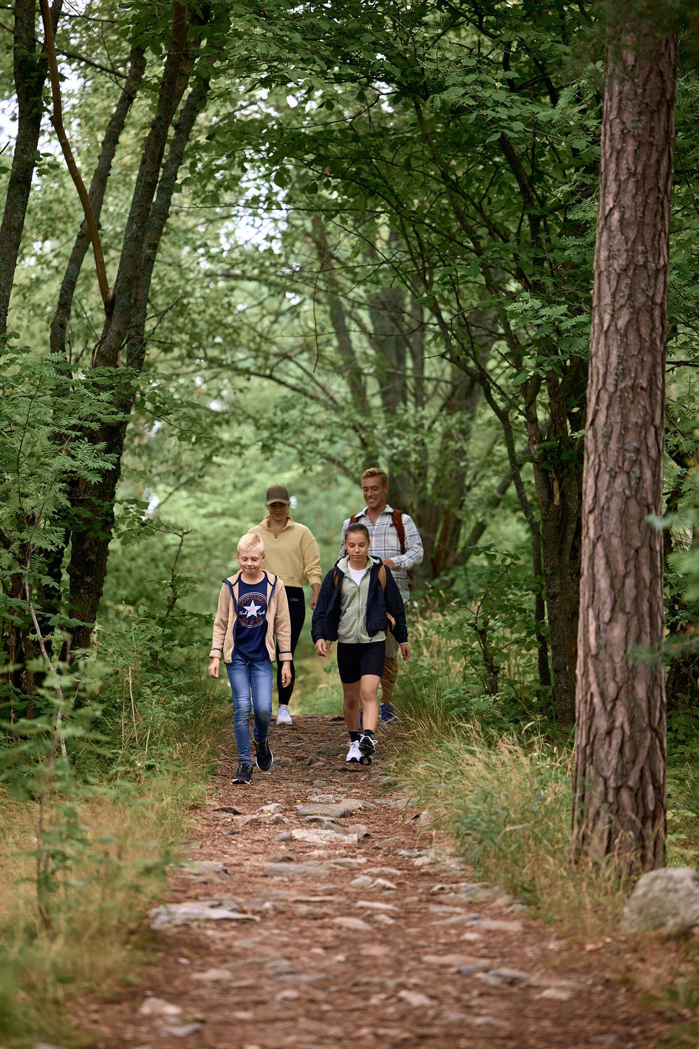 A family walking on a forest trail.