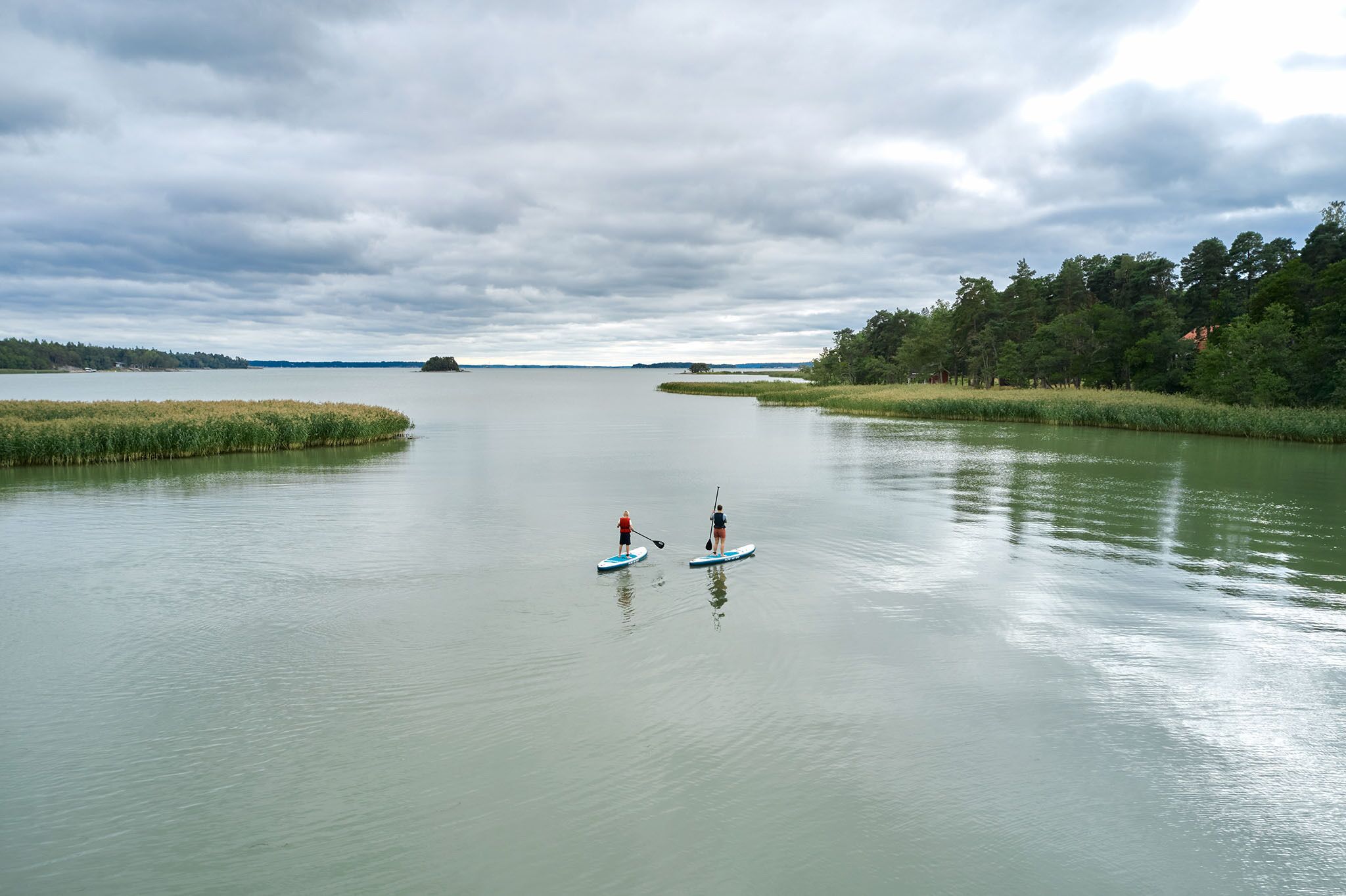 Two people paddleboarding on a calm lake with a forested shoreline.