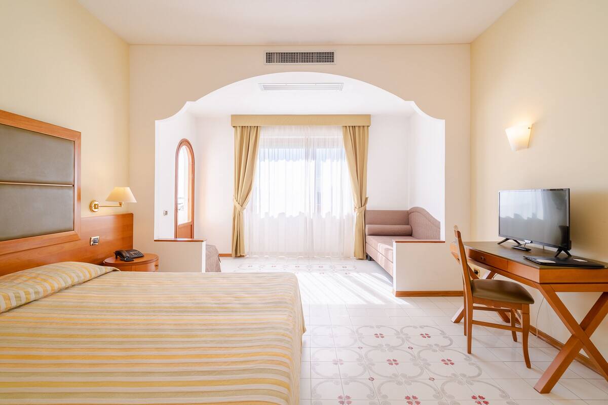 Habitación de hotel con cama, escritorio, televisor, silla, sofá, espejo y ventana con cortinas.