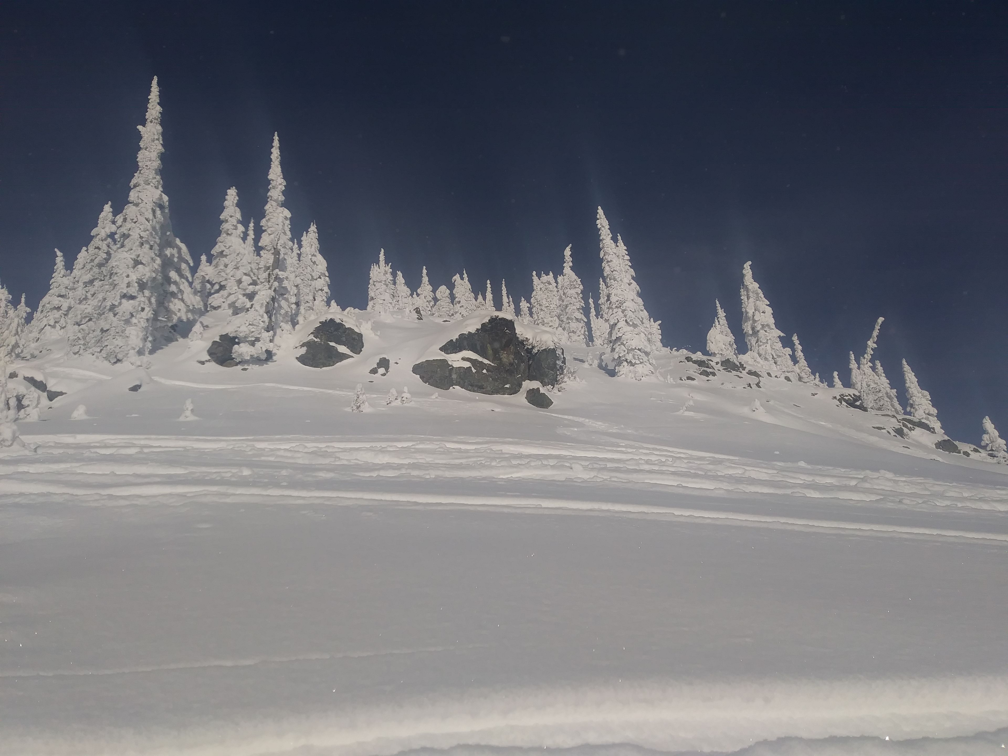 A snow-covered mountain landscape with trees and rocks.