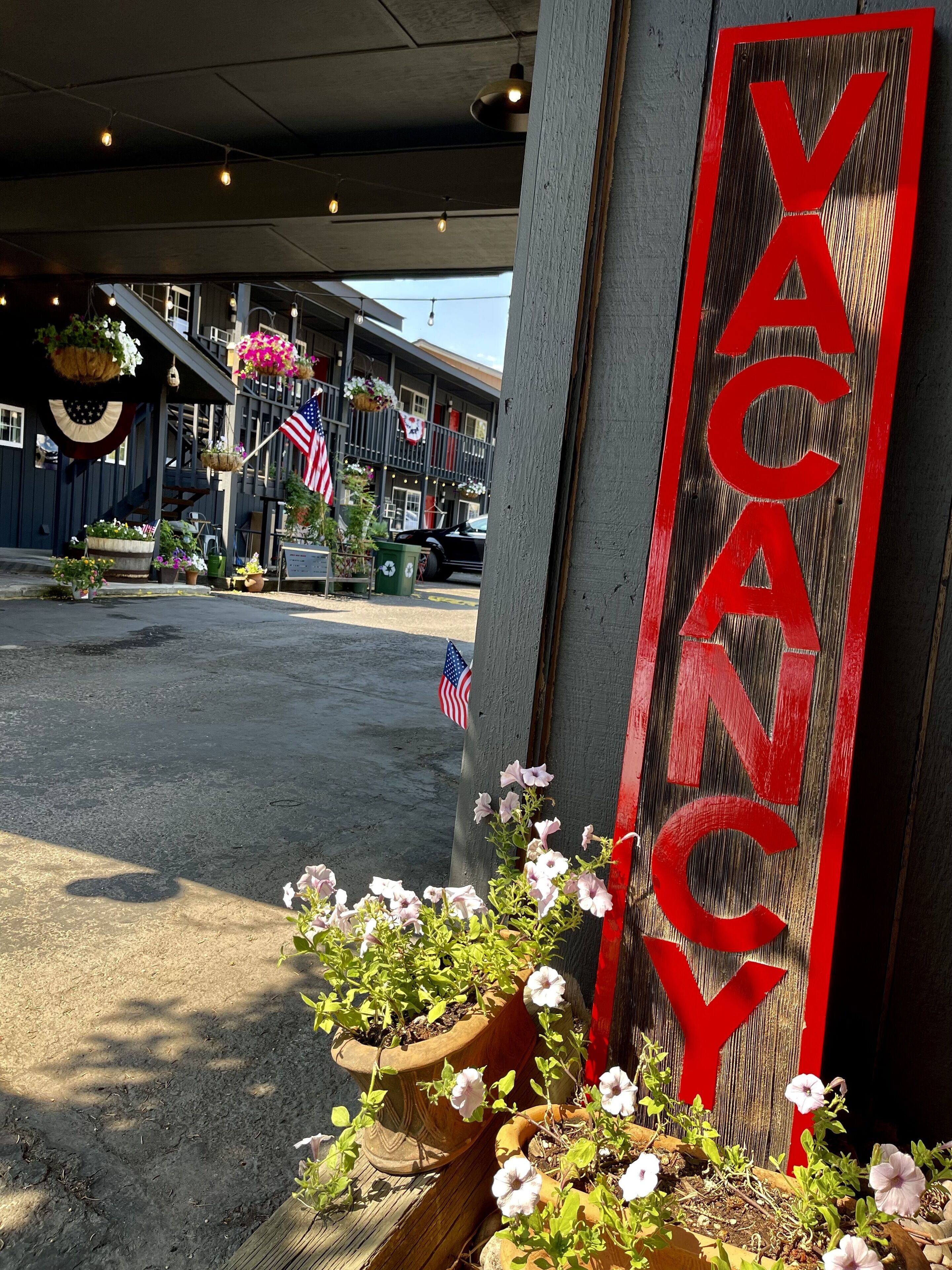 A building with a 'VACANCY' sign, outdoor potted plants, and an American flag.