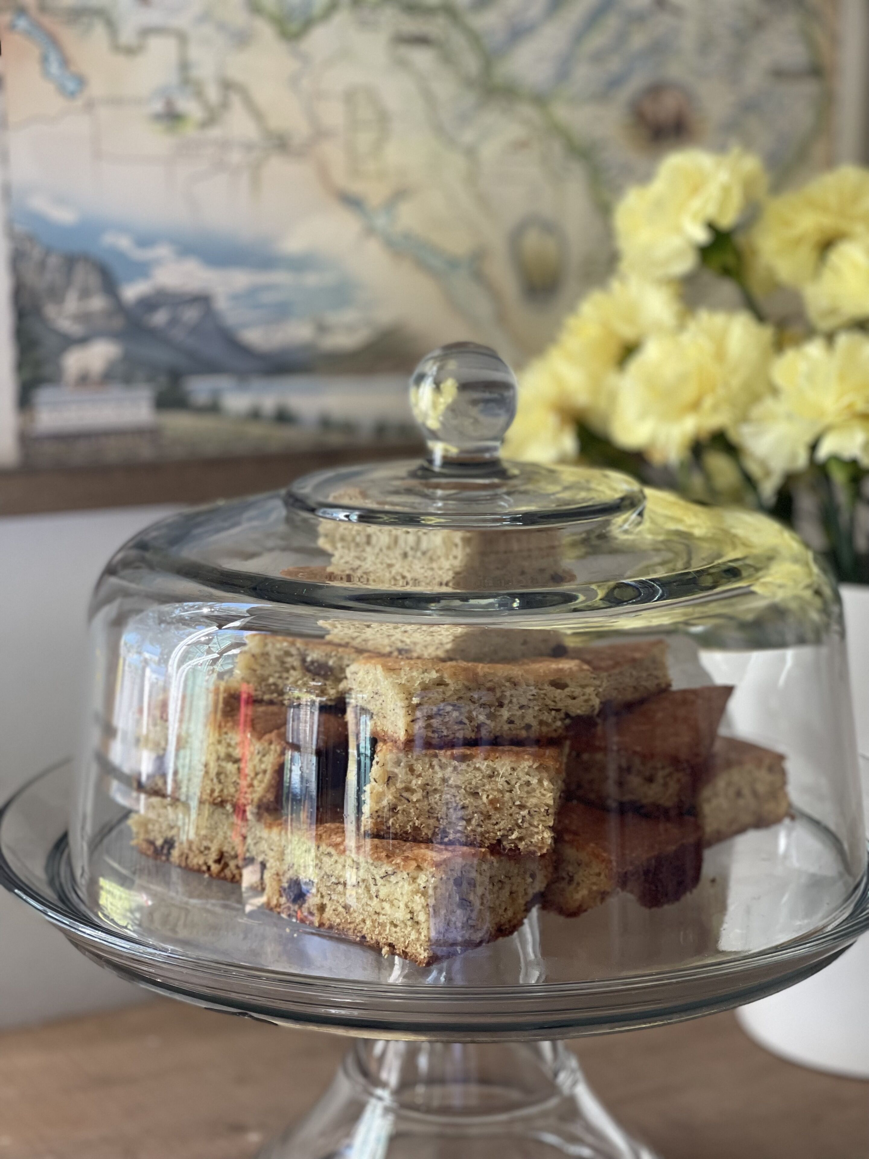 Eine gläserne Verkaufsvitrine mit Deckel, die mehrere quadratische Kuchenstücke enthält.