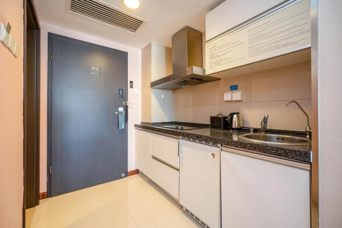 Una cucina compatta con piano cottura, lavello e cappa integrata.