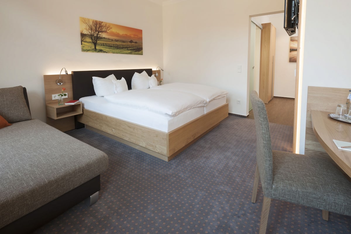 Habitación de hotel con una cama grande, un escritorio, una silla, una mesita de noche y un cuadro en la pared.