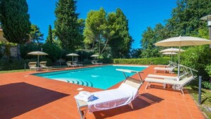 Une piscine entourée d’arbres, avec des chaises longues et des parasols.