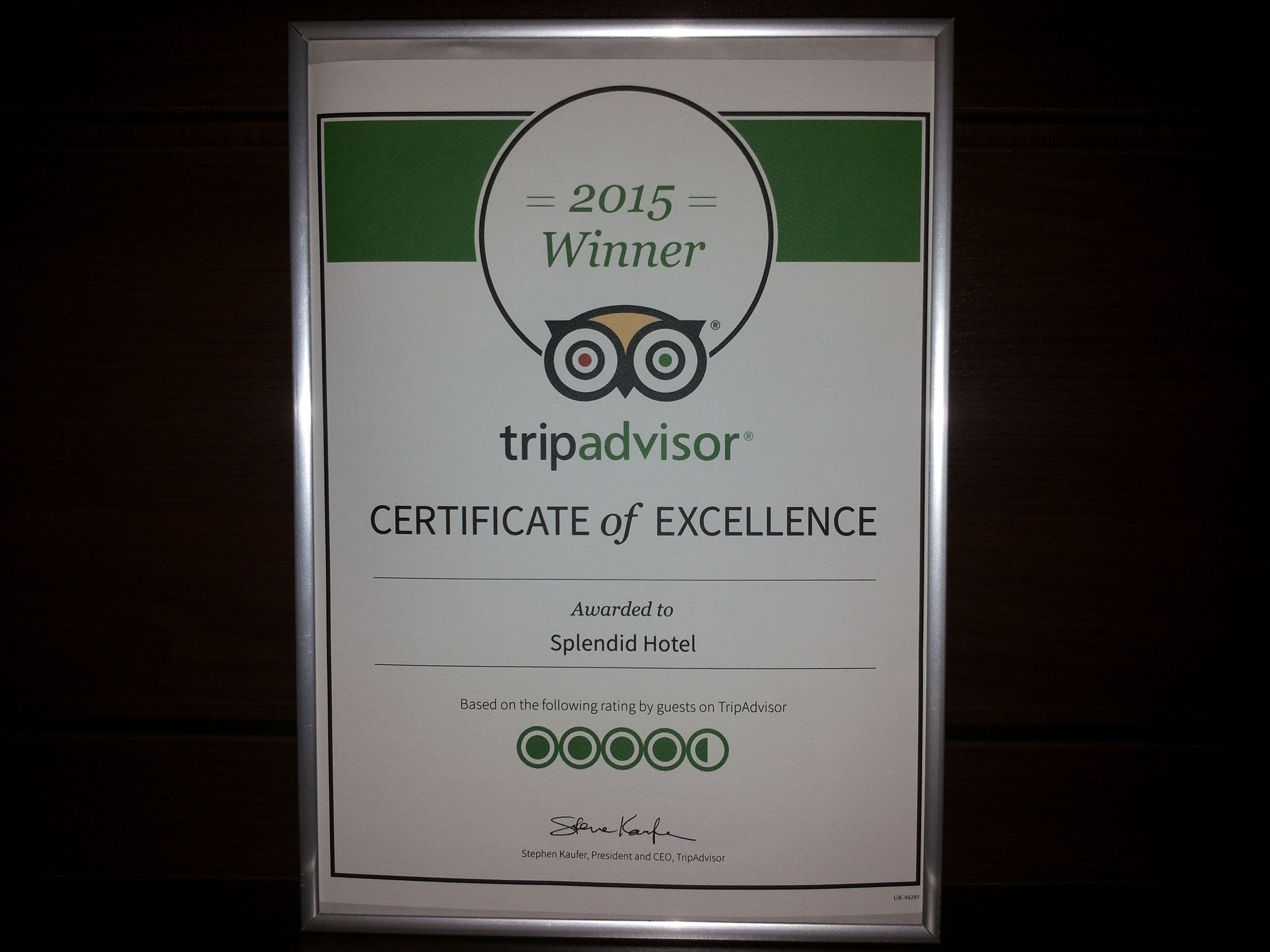 Le Splendid Hotel a reçu le certificat d’excellence de TripAdvisor en 2015.