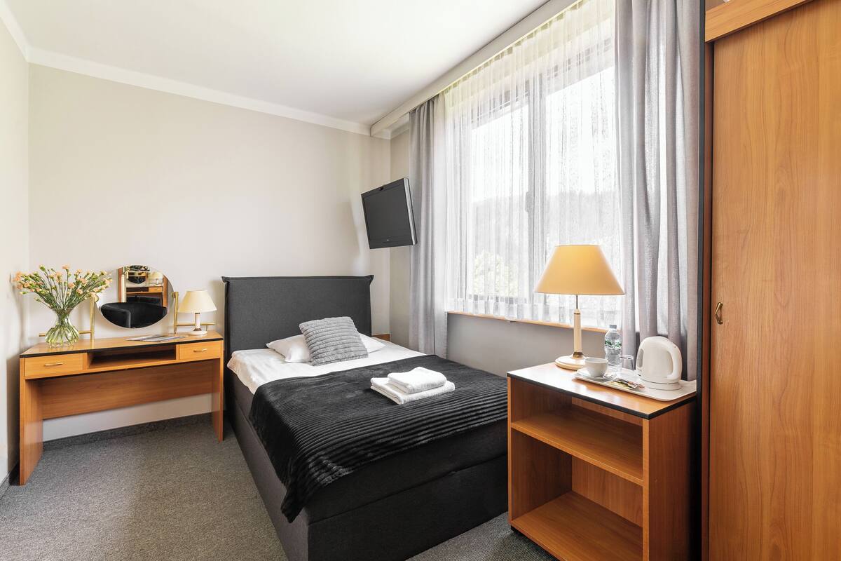 Una habitación de hotel con una cama, un escritorio, un televisor, una lámpara y un armario.